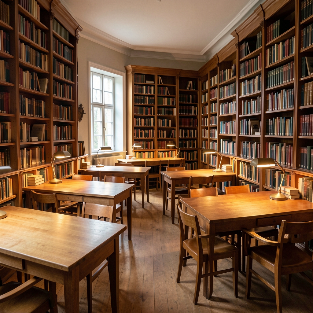 Interior of a quiet academic reading room with tall bookshelves, wooden reading tables with individual lamps casting warm pools of light, empty chairs suggesting a place of concentrated independent study