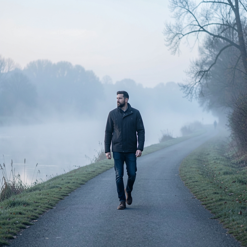 Early morning view of a man walking alone along a quiet riverside path, mist rising from the water, soft blue and grey tones suggesting a contemplative morning routine