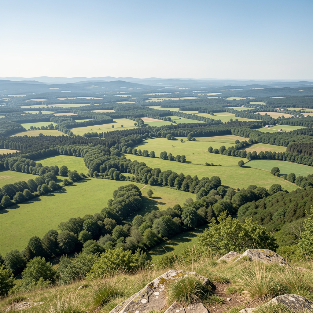 Panoramic view from a hilltop looking over a green valley with scattered forest and open land, clear sky, serene natural environment without human structures