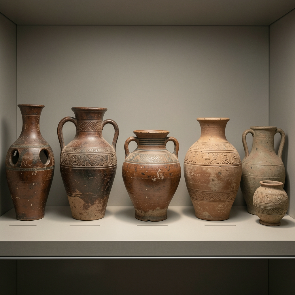Display of ancient ceramic vessels and artifacts arranged on a museum shelf, neutral lighting highlighting the textures and forms of historical objects from diverse civilizations