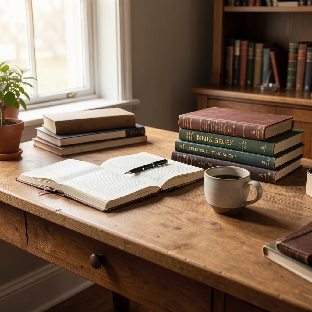 Wide editorial photograph of a wooden writing desk in soft morning light, an open journal and ceramic coffee cup beside a stack of reference books, a composed scholarly working environment