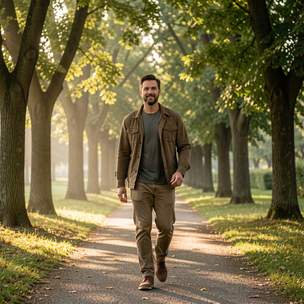 Man in relaxed clothing walking at a measured pace through a quiet tree-lined park in early morning, dappled light through leaves, a natural environment suggesting habitual calm movement