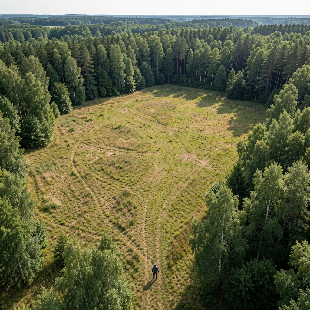 Aerial perspective of a person standing at the edge of a forest clearing, looking into the distance, surrounded by varied natural terrain of open grassland and dense woodland