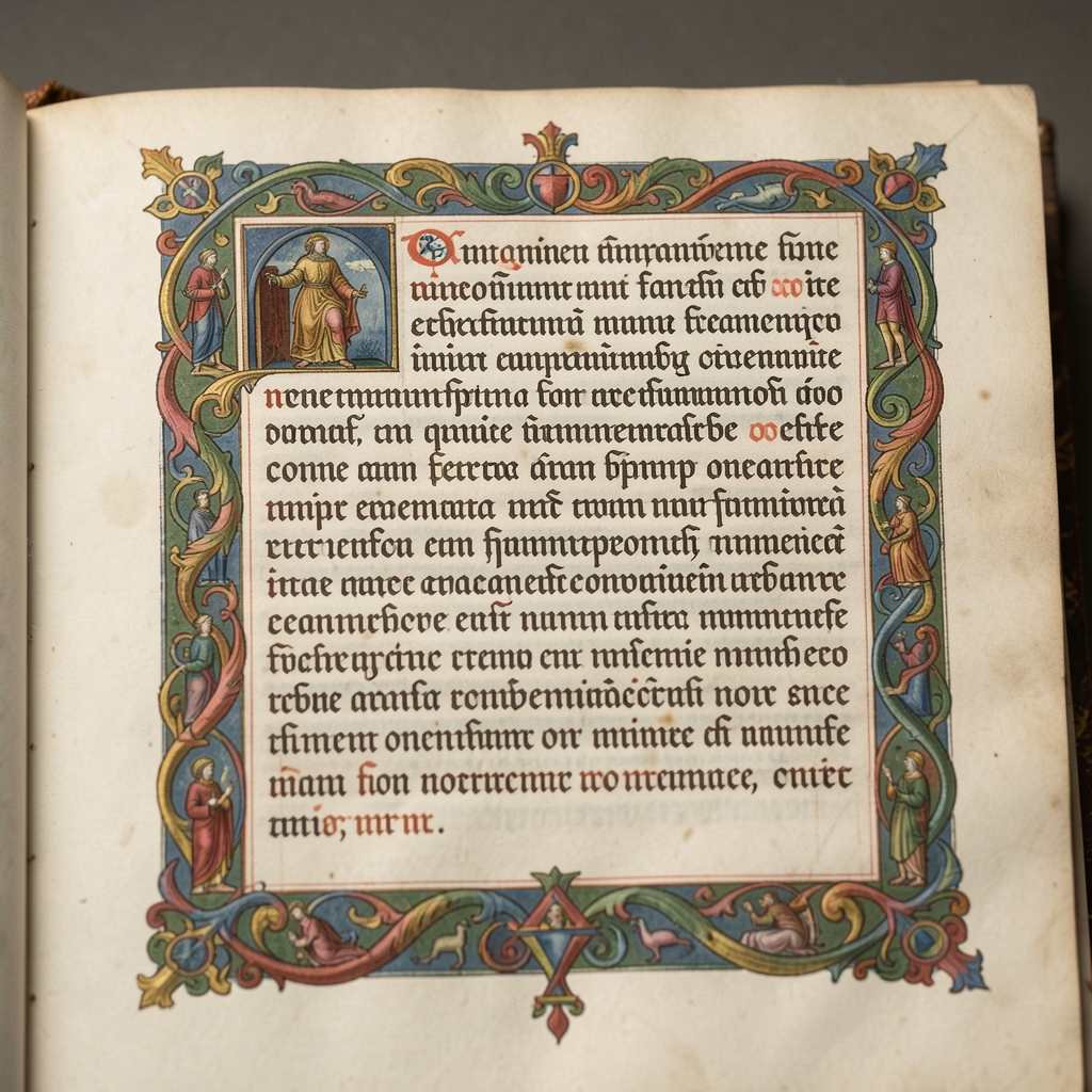 Close-up of an illuminated manuscript page showing decorative medieval script and illustrated borders, photographed under neutral archival light, representing historical knowledge preservation