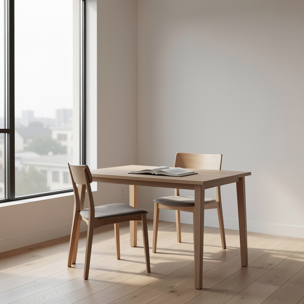 Man seated in a quiet, sun-lit interior space near a large window, posture relaxed, looking outward in a posture of calm attentiveness, surrounded by minimal, ordered furnishings, conveying deliberate stillness