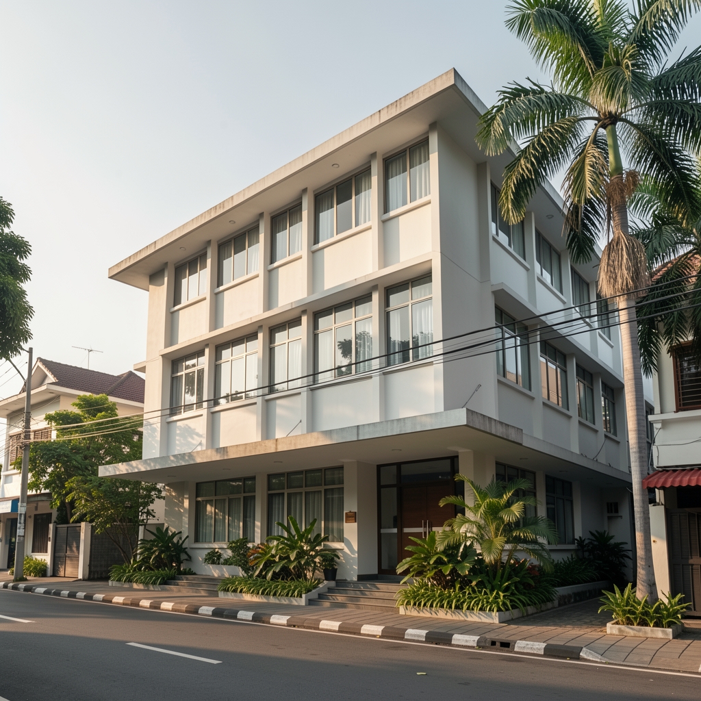 Exterior of a clean mid-century office building on a quiet Jakarta street, afternoon light casting soft shadows across the facade, tropical plants visible at street level