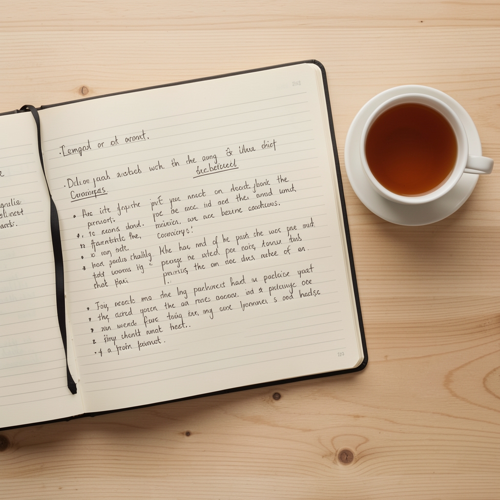 Overhead view of an open notebook with handwritten notes beside a cup of tea on a light wooden surface, a scene of calm, focused personal study