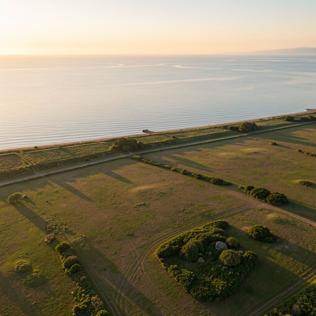 Wide aerial view of a quiet coastal landscape at golden hour, calm ocean water meeting green shoreline, soft warm light casting long shadows across open terrain