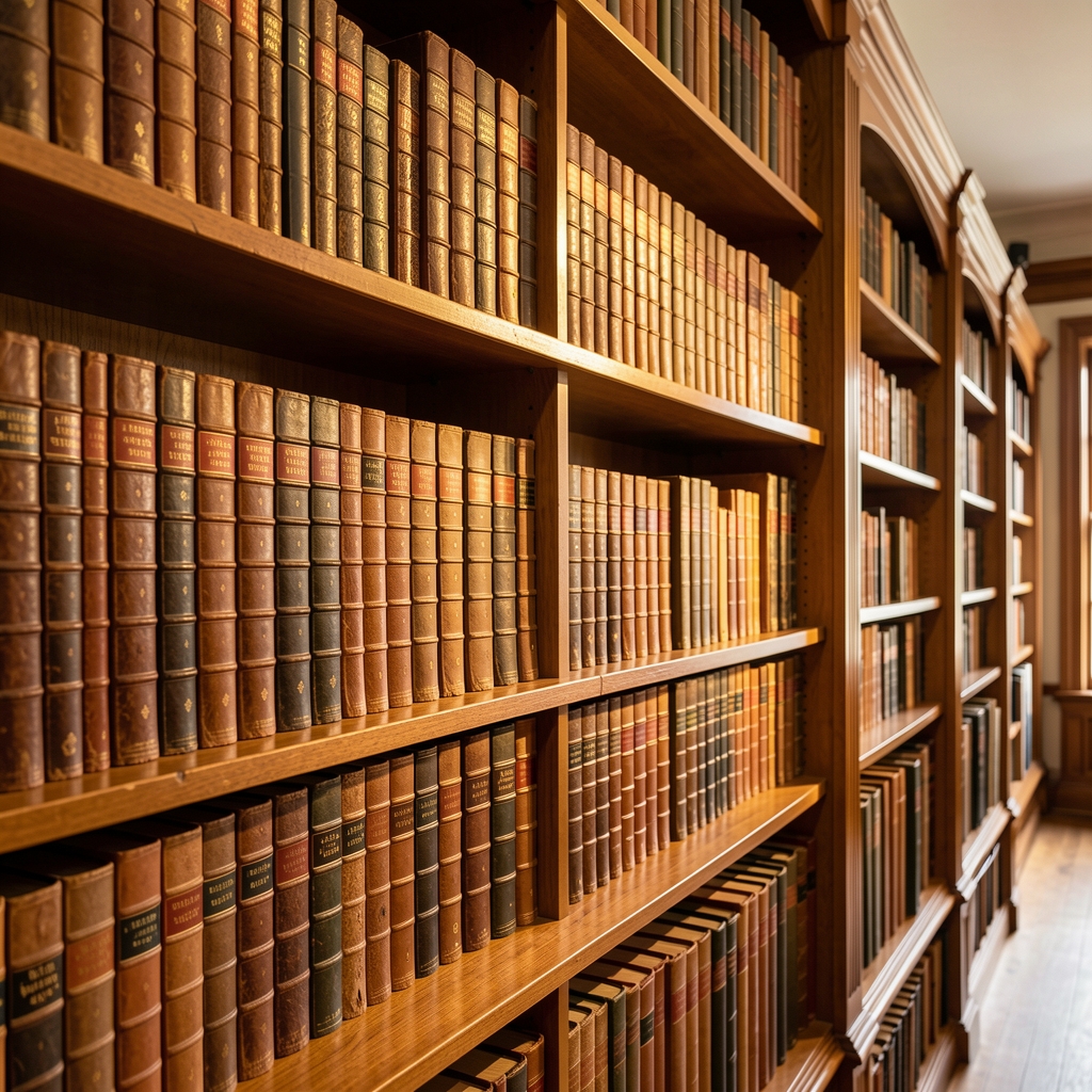 Rows of aged leather-bound volumes on wooden library shelves, warm amber light illuminating the spines, a scholarly institutional atmosphere of preserved knowledge