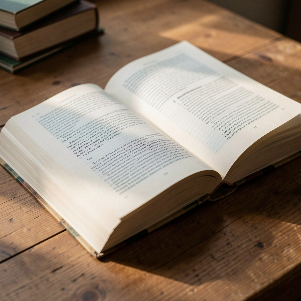 Close-up of open reference books stacked on a wooden desk, pages fanned out with soft reading light falling across printed text, a setting of thoughtful inquiry and research