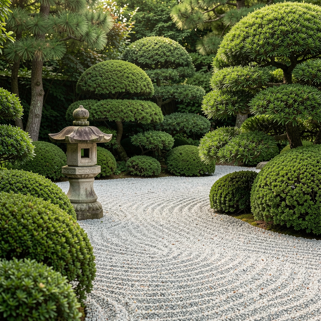 Tranquil Japanese-style garden with raked gravel, a stone lantern, and carefully pruned greenery, an atmosphere of deliberate order and calm contemplation