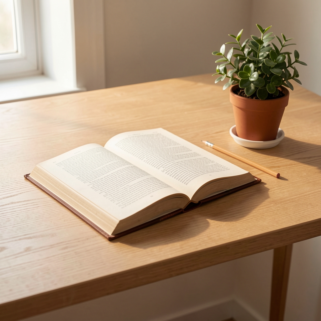 Minimalist wooden writing desk surface with a single open hardback book, a wooden pencil, and a small potted plant, quiet scholarly atmosphere in warm natural light