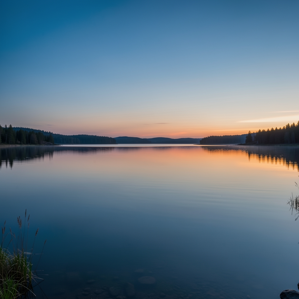 Wide panoramic image of a peaceful lakeside at dusk, still water reflecting the fading sky colours of deep blue and muted orange, a landscape that evokes stillness and reflection