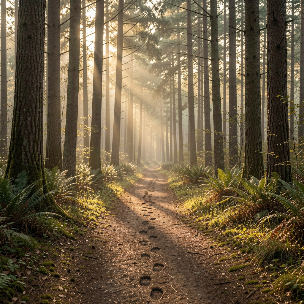 Calm natural woodland path at dawn with soft diffused light filtering through tall trees, footprints visible on a quiet trail, evoking contemplative movement through nature