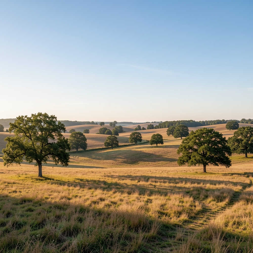 Wide open landscape with scattered trees under a clear sky, afternoon light creating depth and contrast across rolling fields, suggesting the relationship between environment and human presence