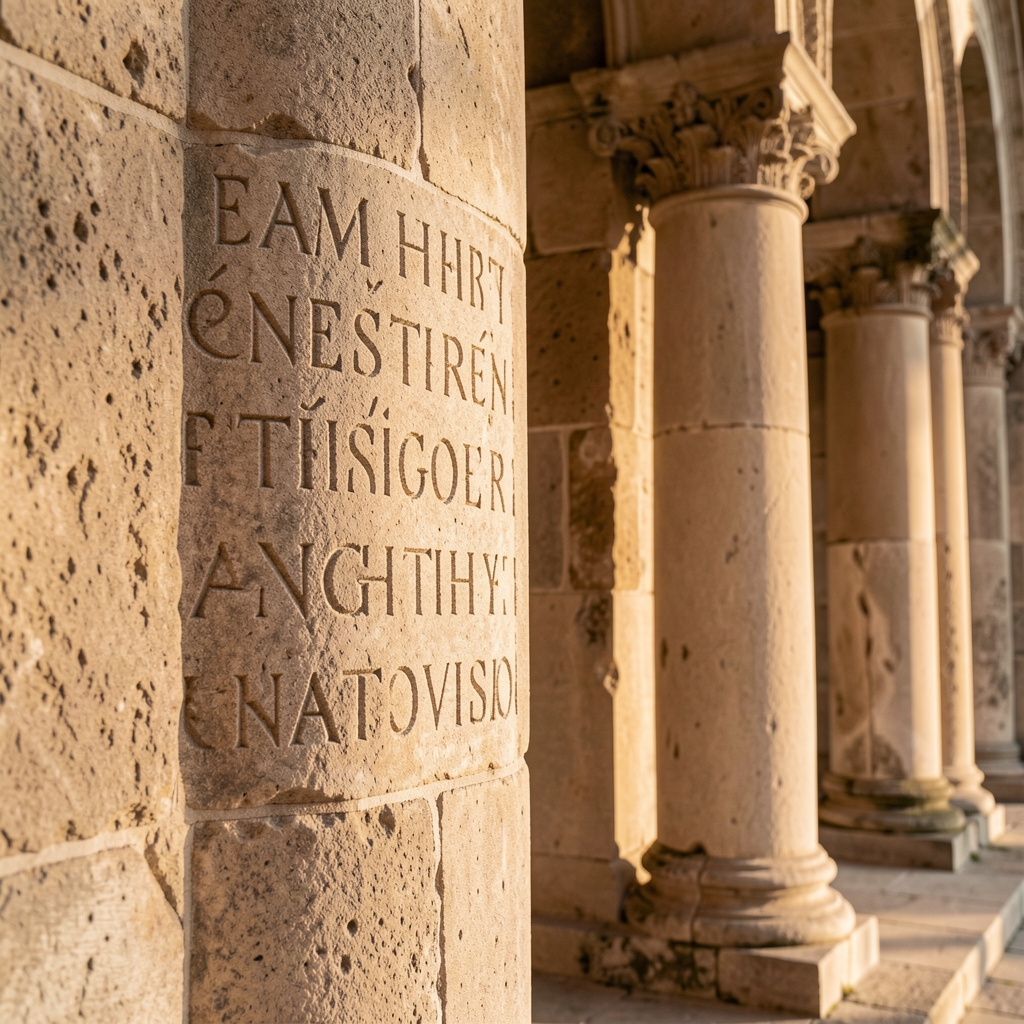 Ancient stone architecture detail showing carved inscriptions and textured surfaces, historical columns in soft morning light, evoking scholarly interest in the past